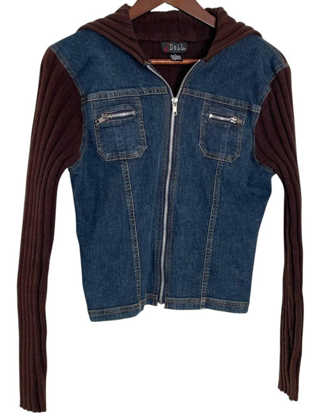 Vintage Y2K Zip Up Jacket Large L Blue Brown Denim / Ribbed Sweater Knit Grunge